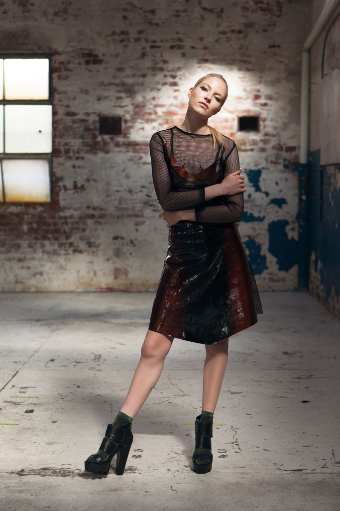 Blonde model in Matcho Suba dress in a warehouse Melbourne fashion photographer Michael Teo